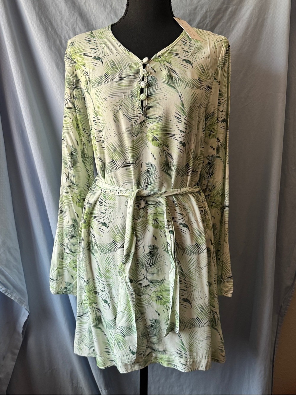 Phax Women's Green Palm-Print Long Sleeve Tie-Waist Dress